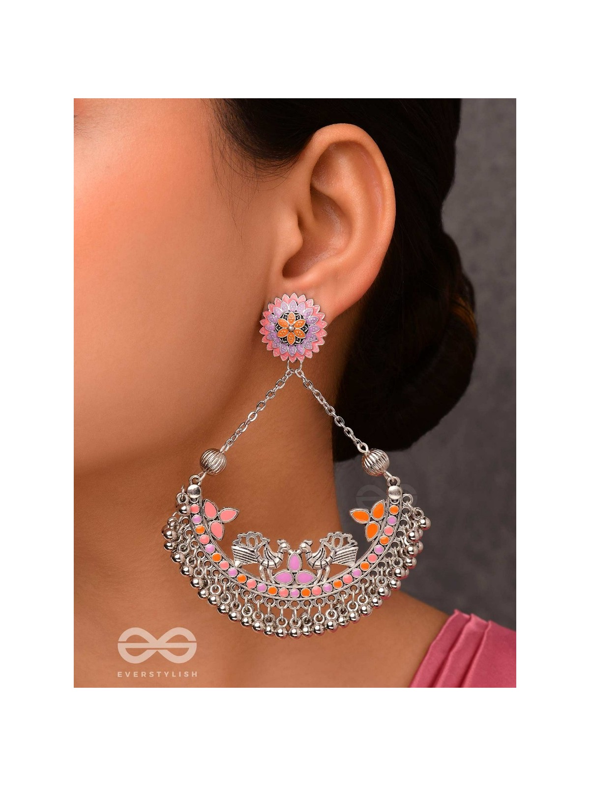 Mystical Peacocks In Coral - Enamelled Oxidised Earrings