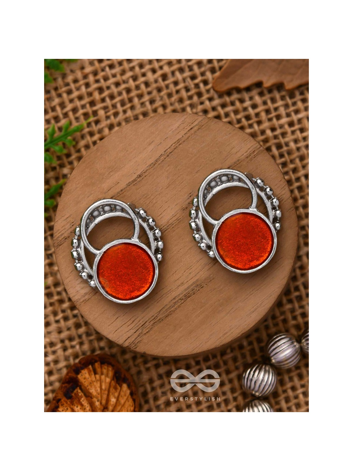 Sunburst Glow - Silver And Orange Stud Earrings