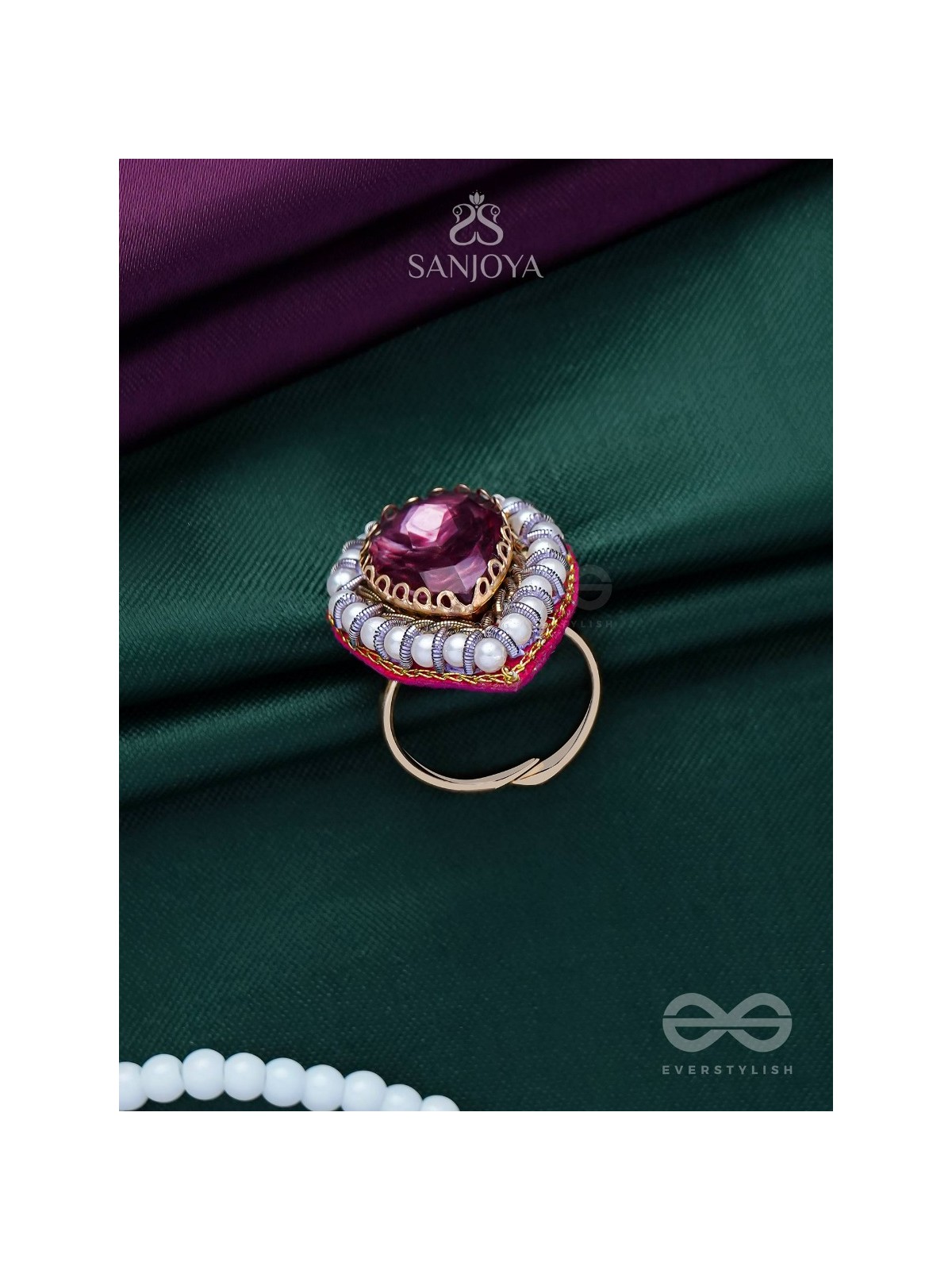 VRASHTA - THE MAGESTIC RAINDROP - STONE AND BEADS EMBROIDERED RING