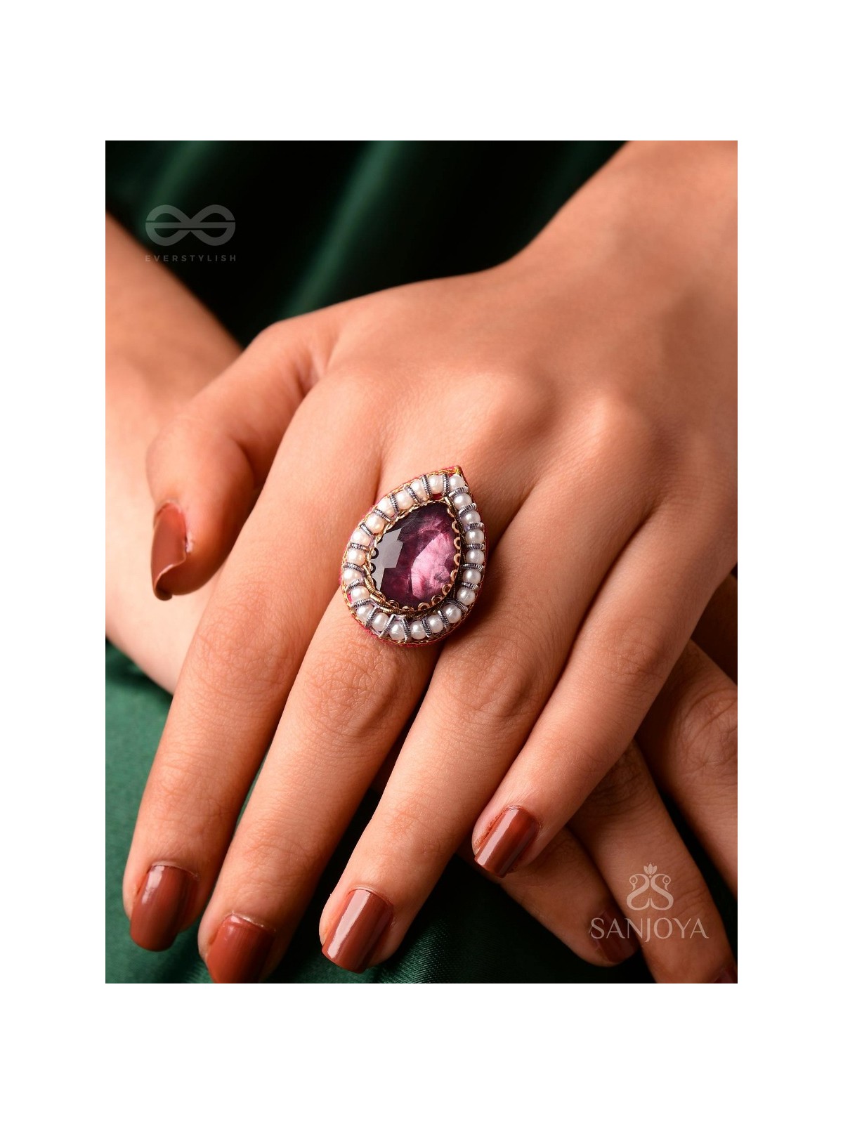 VRASHTA - THE MAGESTIC RAINDROP - STONE AND BEADS EMBROIDERED RING