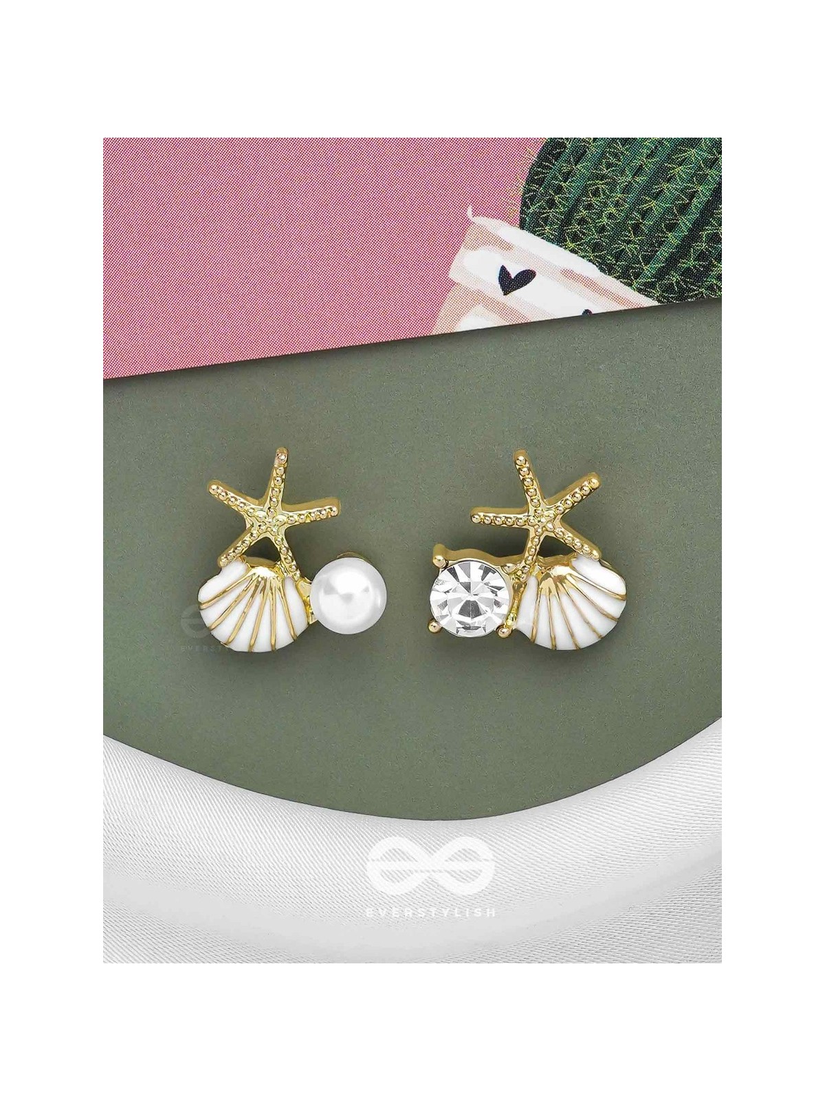 STARFISH & SEASHELL WISHES - GOLDEN AND WHITE EMBELLISHED STUD EARRINGS