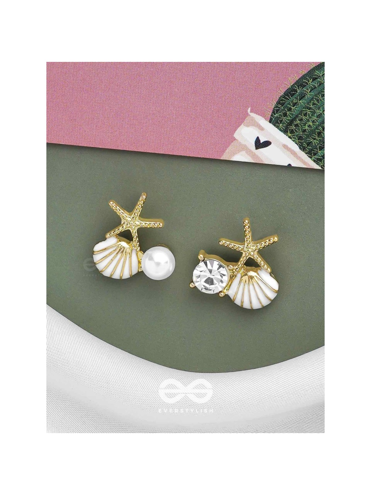 STARFISH & SEASHELL WISHES - GOLDEN AND WHITE EMBELLISHED STUD EARRINGS