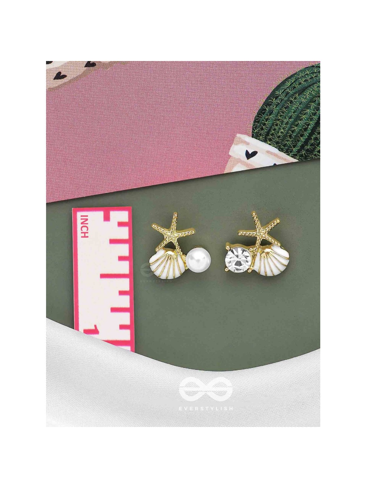 STARFISH & SEASHELL WISHES - GOLDEN AND WHITE EMBELLISHED STUD EARRINGS