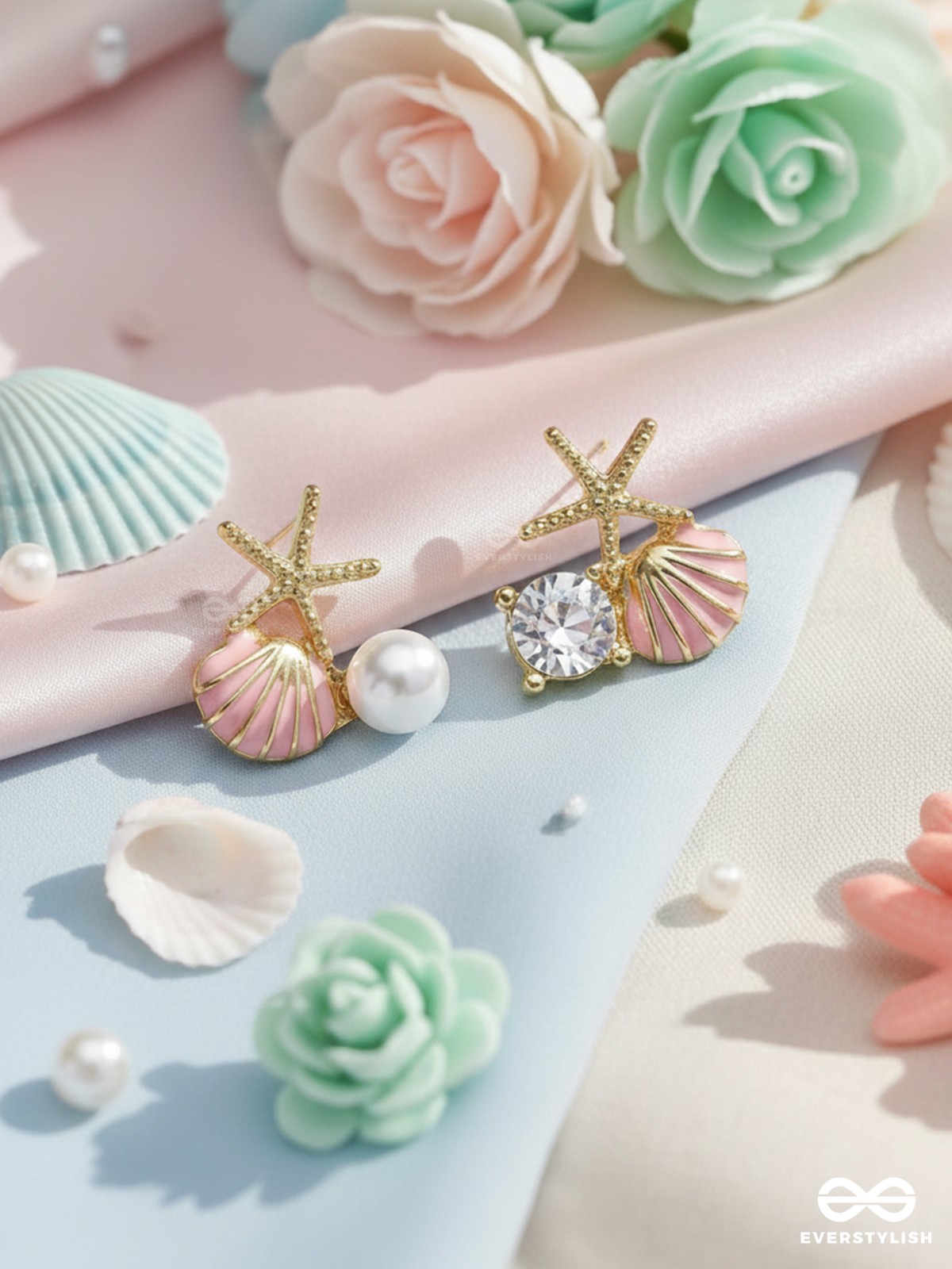 STARFISH & SEASHELL WISHES - GOLDEN AND PINK EMBELLISHED STUD EARRINGS