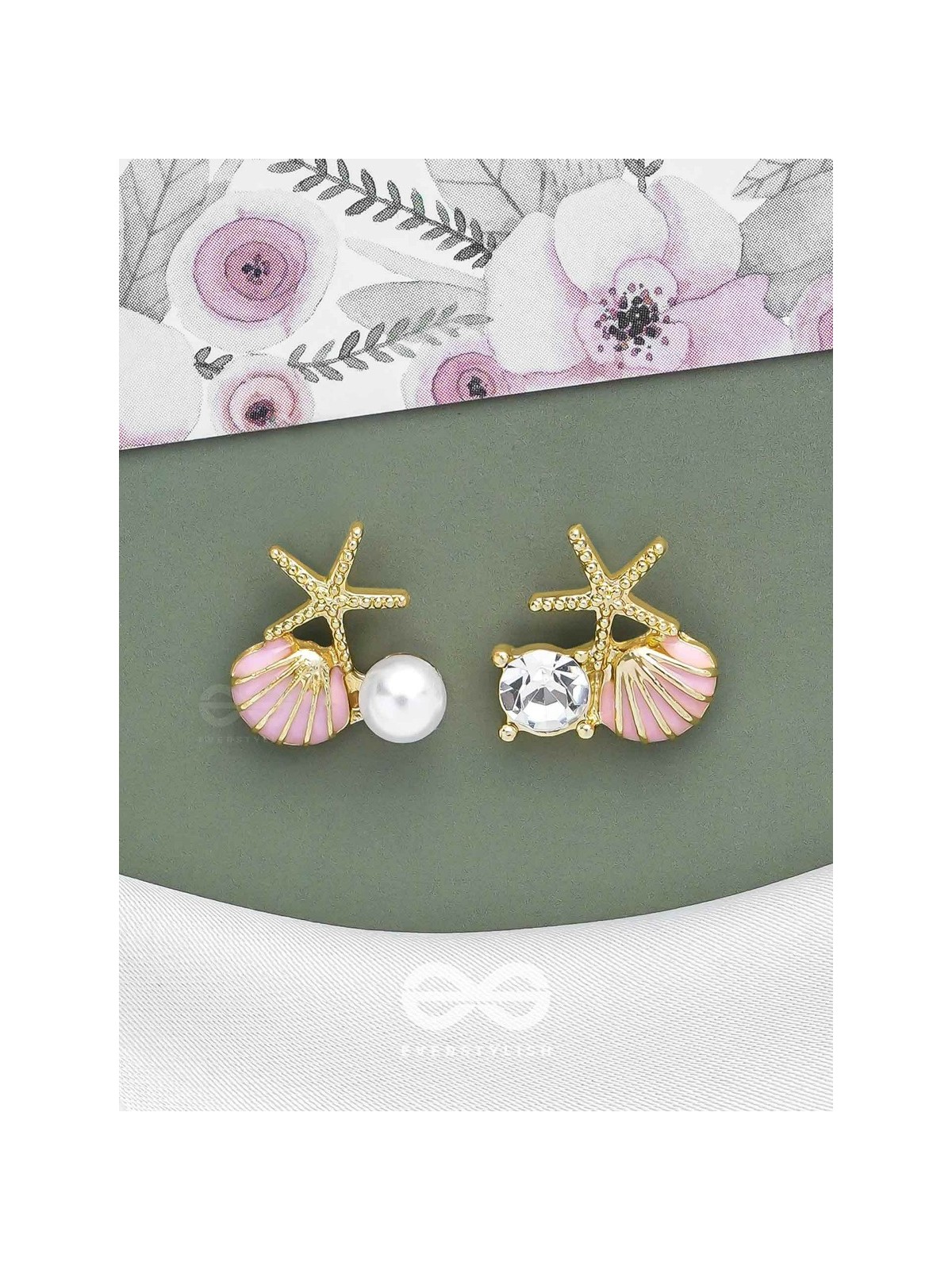 STARFISH & SEASHELL WISHES - GOLDEN AND PINK EMBELLISHED STUD EARRINGS