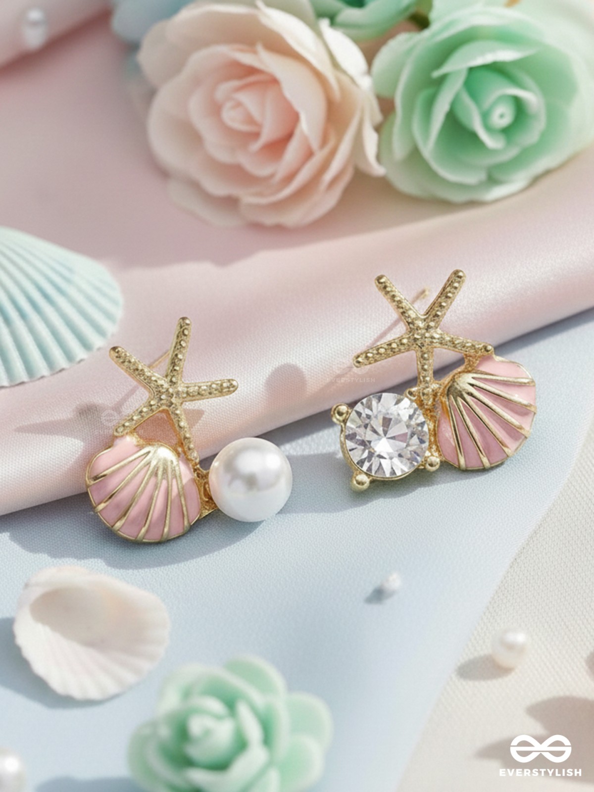 STARFISH & SEASHELL WISHES - GOLDEN AND PINK EMBELLISHED STUD EARRINGS