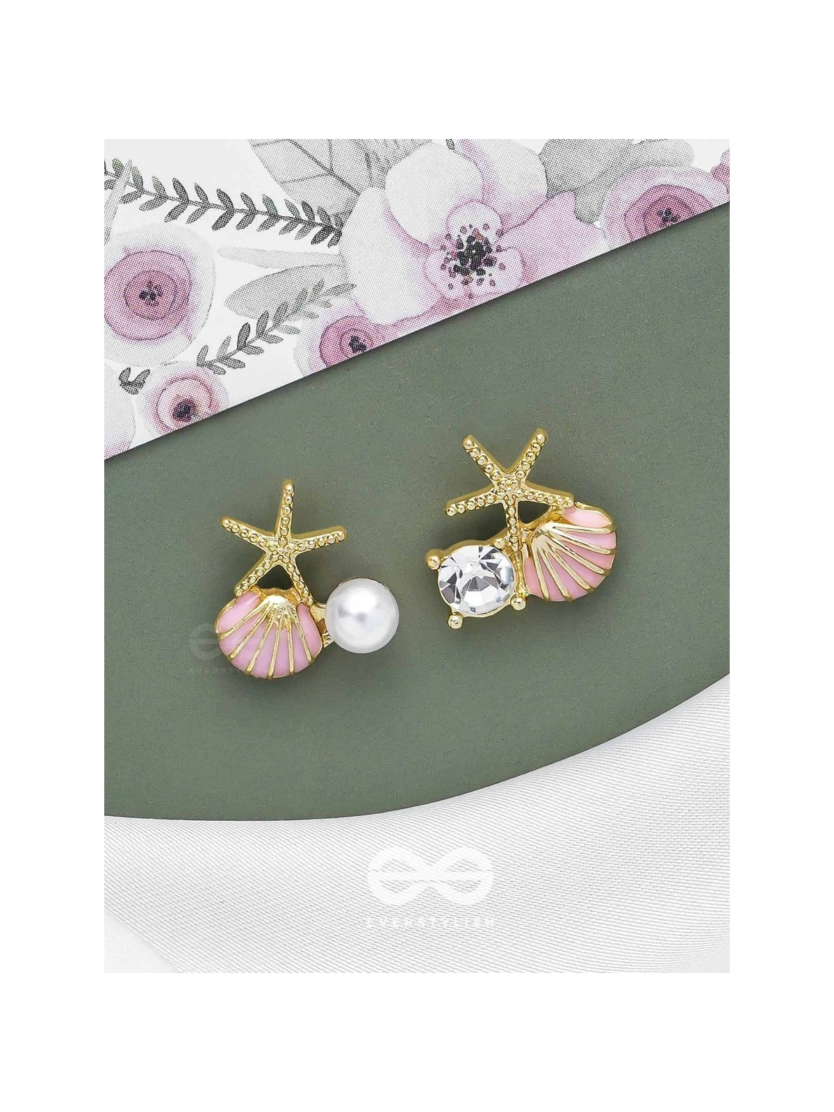 STARFISH & SEASHELL WISHES - GOLDEN AND PINK EMBELLISHED STUD EARRINGS