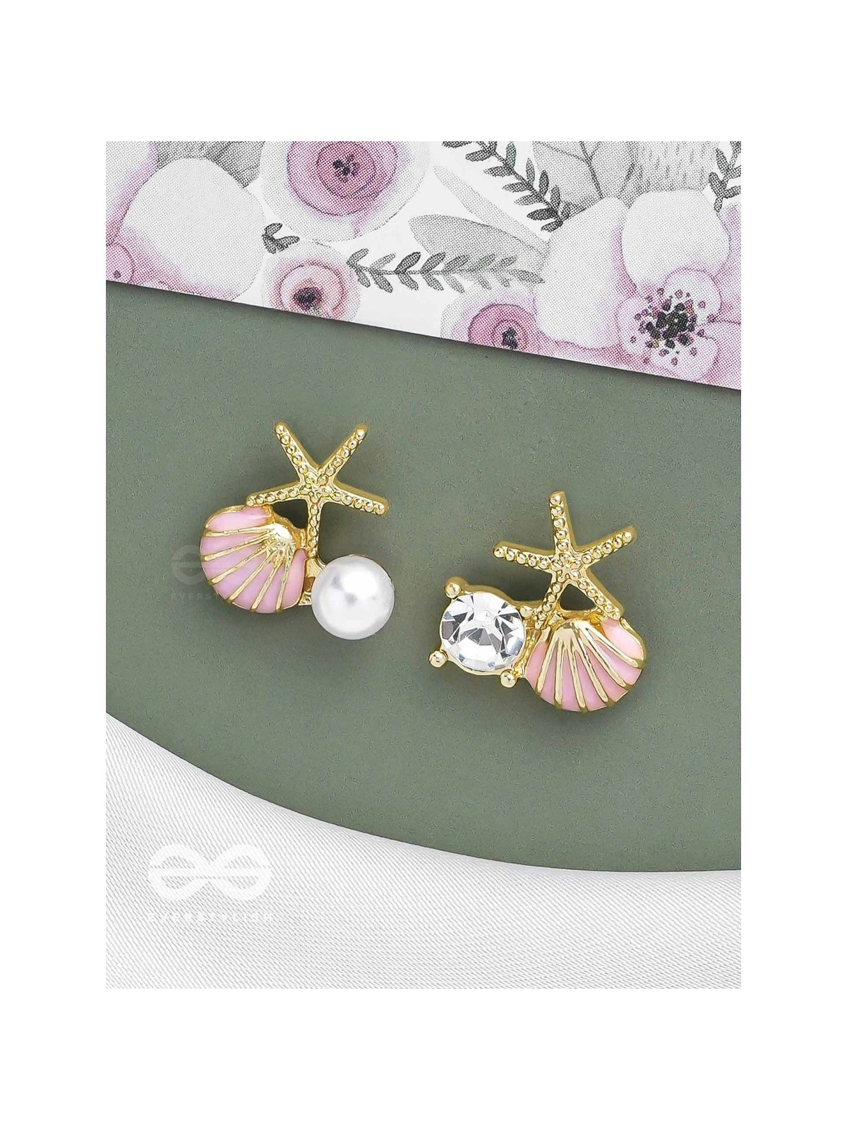 STARFISH & SEASHELL WISHES - GOLDEN AND PINK EMBELLISHED STUD EARRINGS