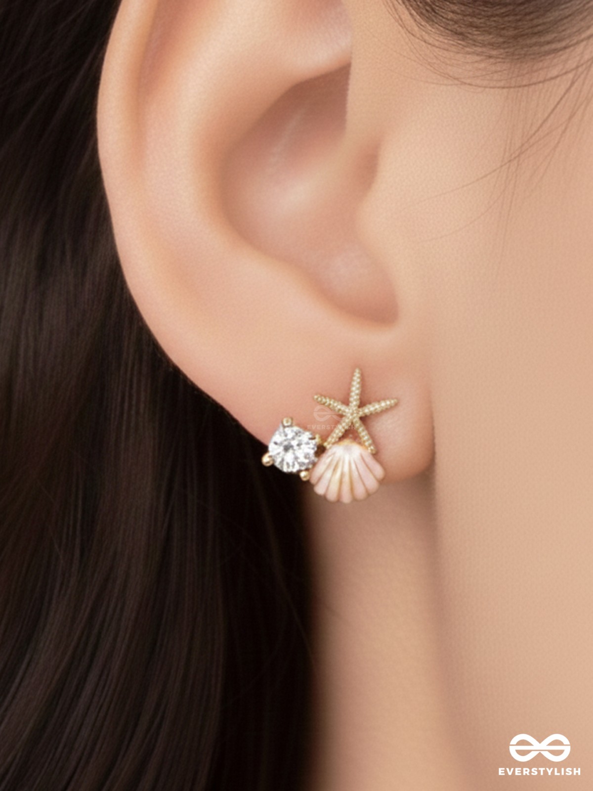 STARFISH & SEASHELL WISHES - GOLDEN AND PINK EMBELLISHED STUD EARRINGS
