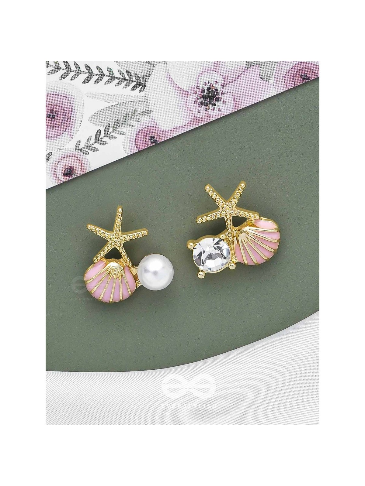 STARFISH & SEASHELL WISHES - GOLDEN AND PINK EMBELLISHED STUD EARRINGS