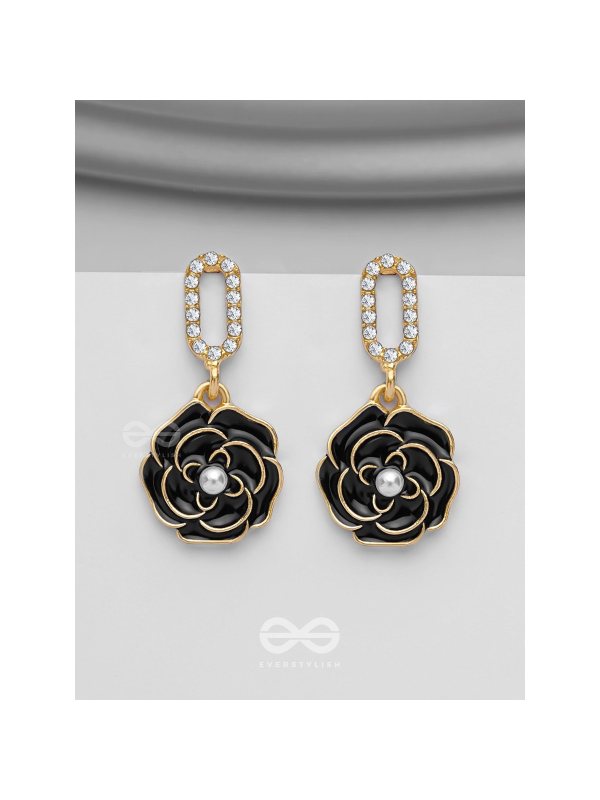 THE MIDNIGHT ROSE - GOLDEN AND BLACK EMBELLISHED EARRINGS