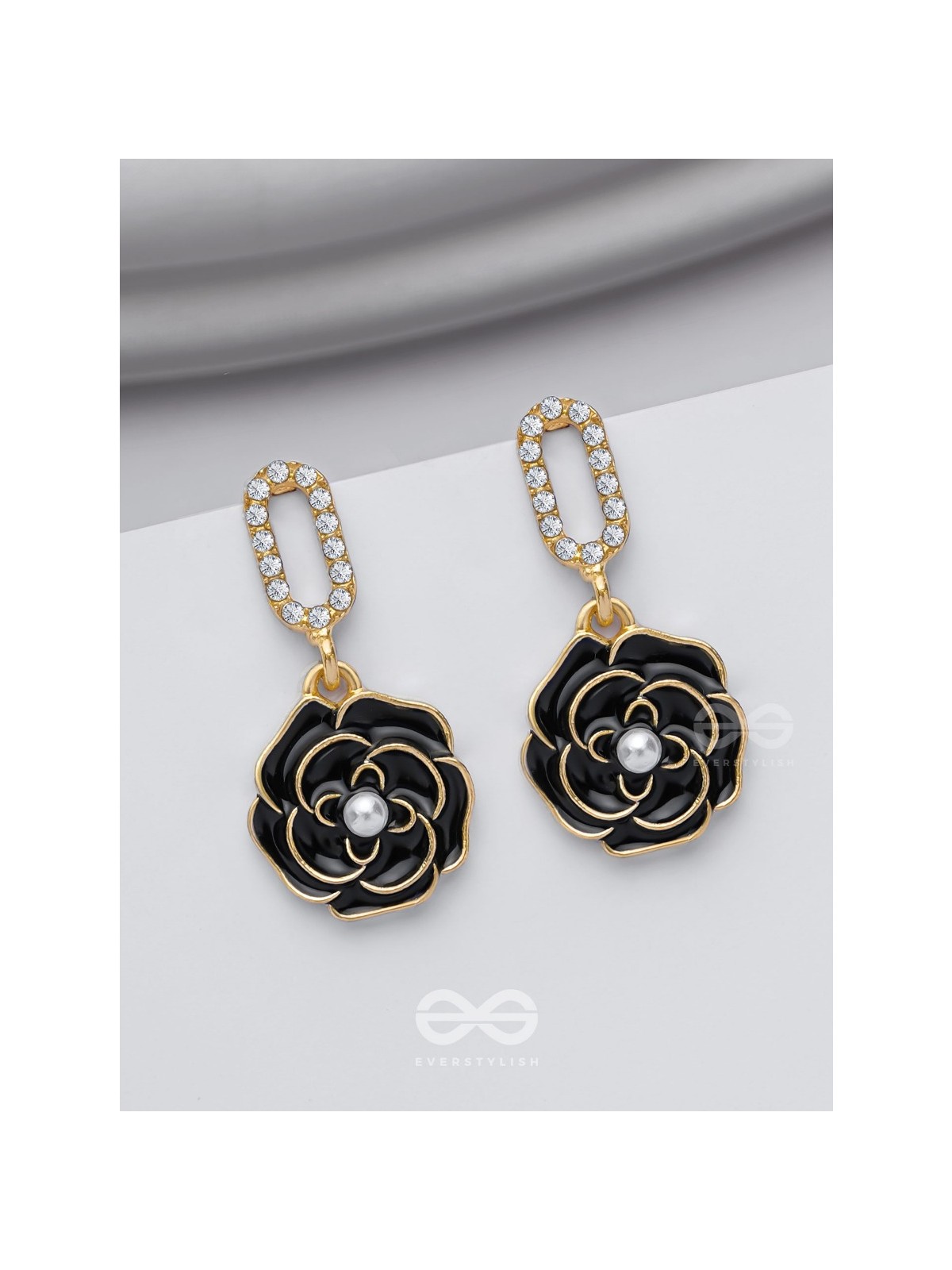 THE MIDNIGHT ROSE - GOLDEN AND BLACK EMBELLISHED EARRINGS