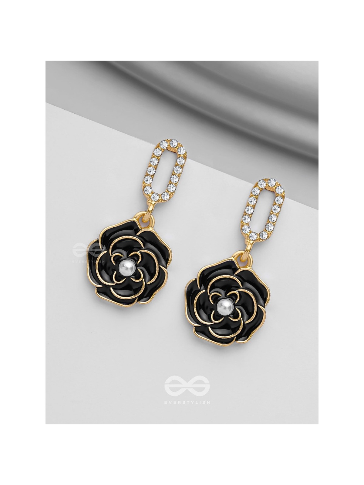 THE MIDNIGHT ROSE - GOLDEN AND BLACK EMBELLISHED EARRINGS