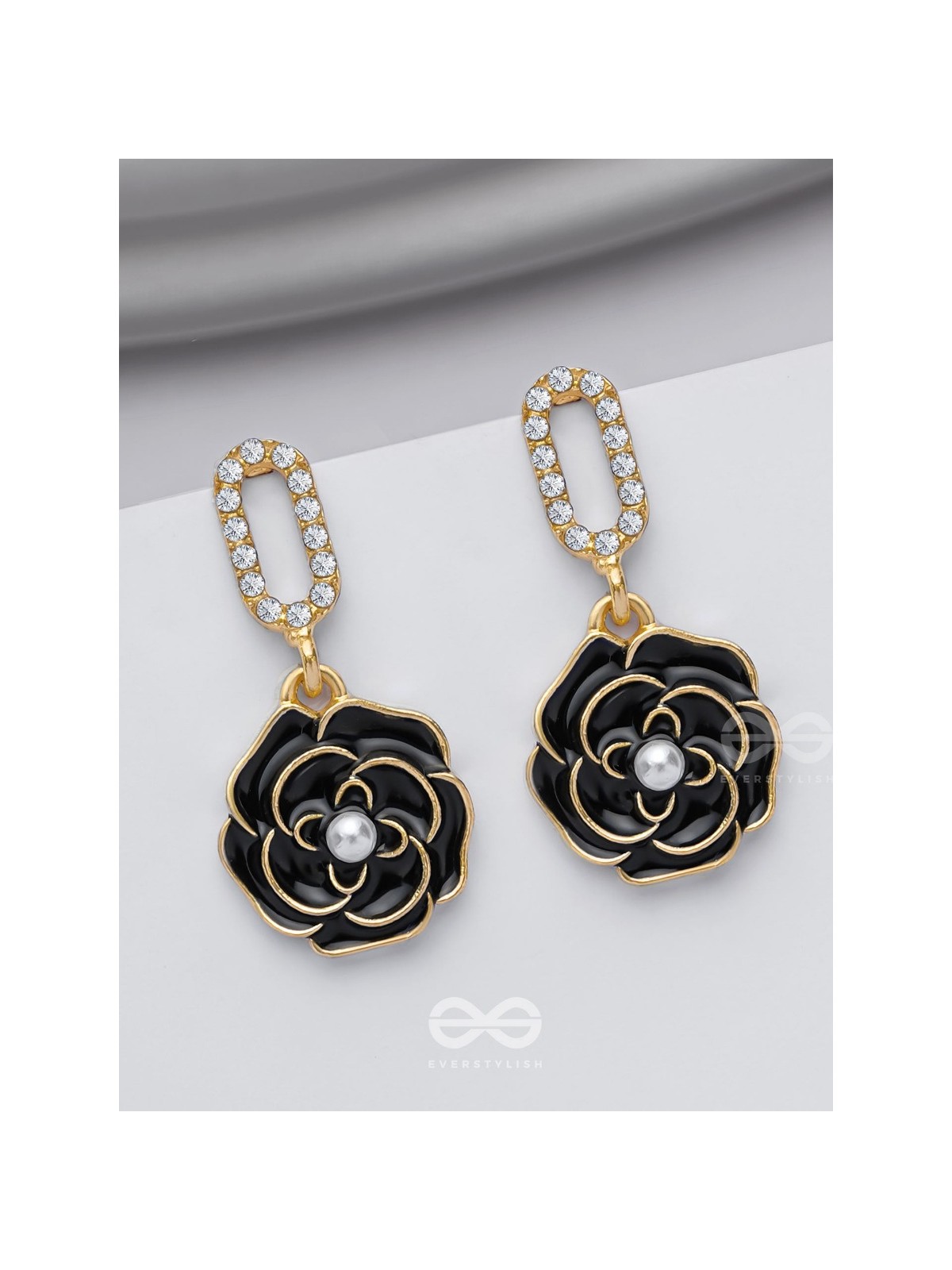 THE MIDNIGHT ROSE - GOLDEN AND BLACK EMBELLISHED EARRINGS