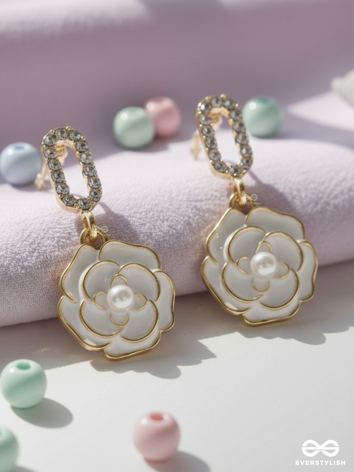 THE MIDNIGHT ROSE - GOLDEN AND WHITE EMBELLISHED EARRINGS