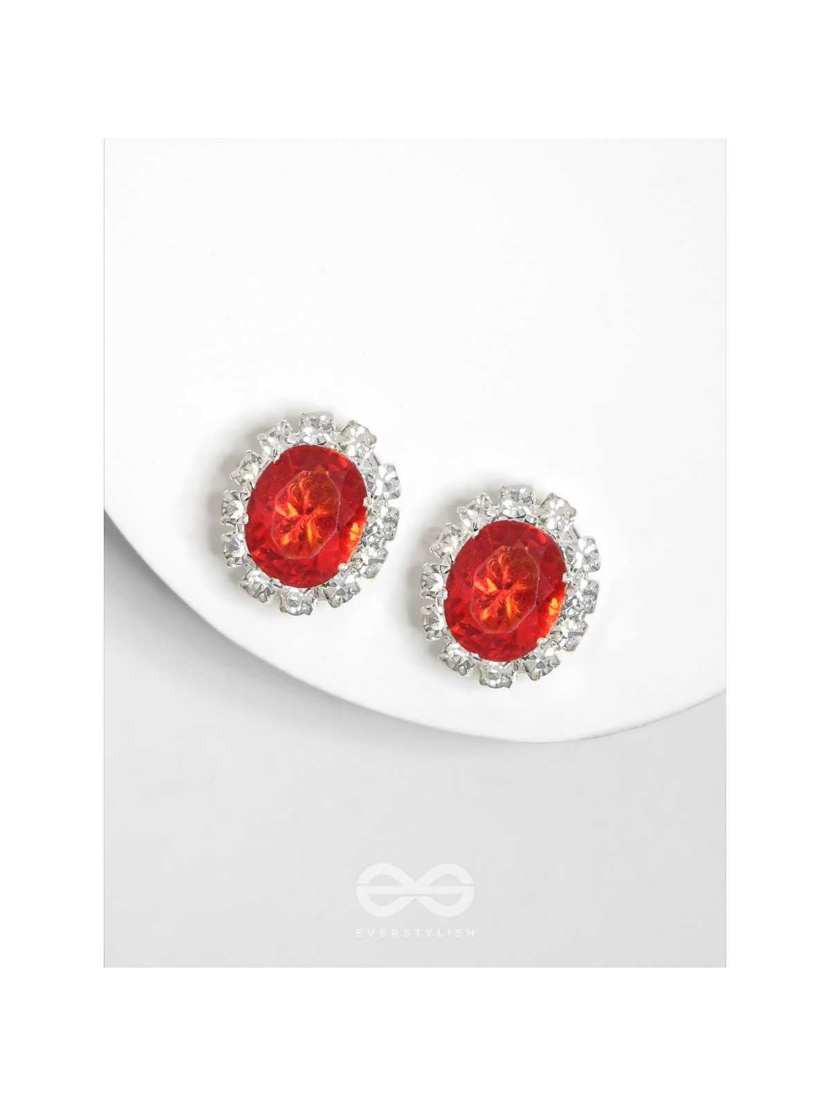 SHIMMER AND SHINE - SILVER AND RED EMBELLISHED STUD EARRINGS