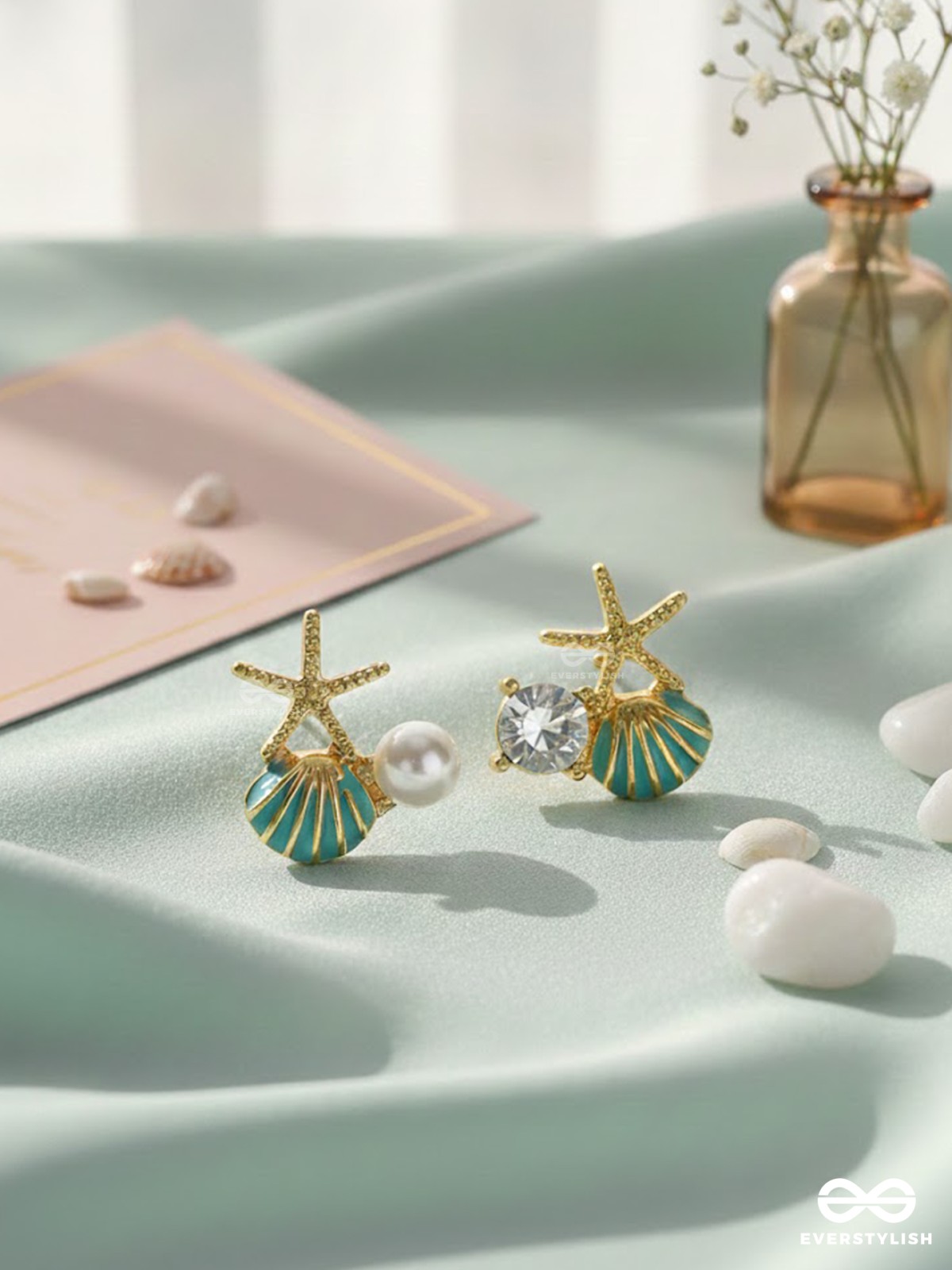 STARFISH & SEASHELL WISHES - GOLDEN AND BLUE EMBELLISHED STUD EARRINGS