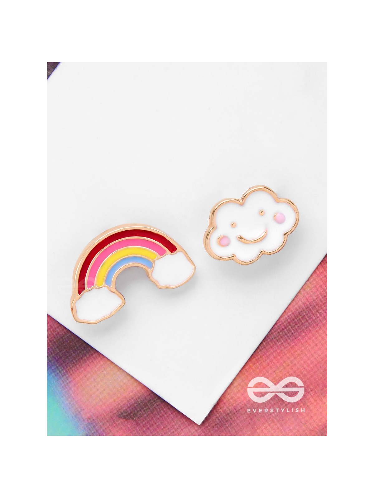 FLUFFY RAINBOW DREAMS - GOLDEN EMBELLISHED STUD EARRINGS