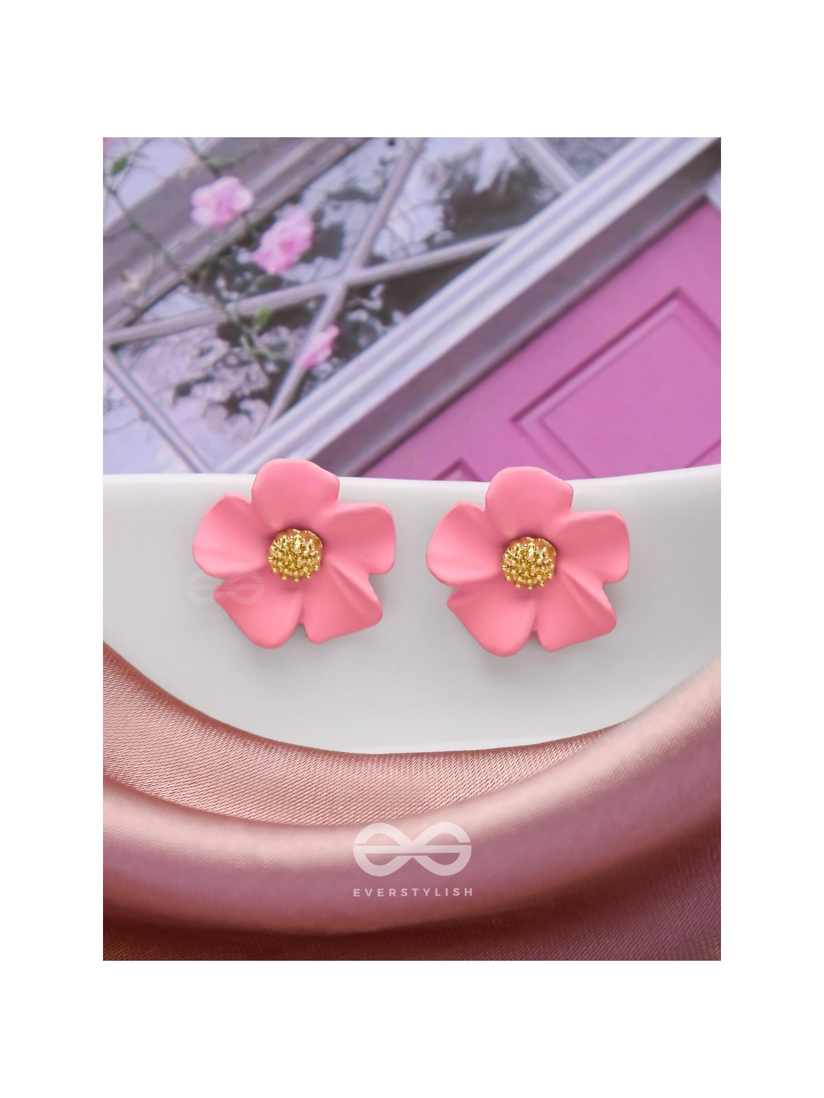 THE BLOSSOM BALLAD - GOLDEN AND PINK ACRYLIC STUD EARRINGS