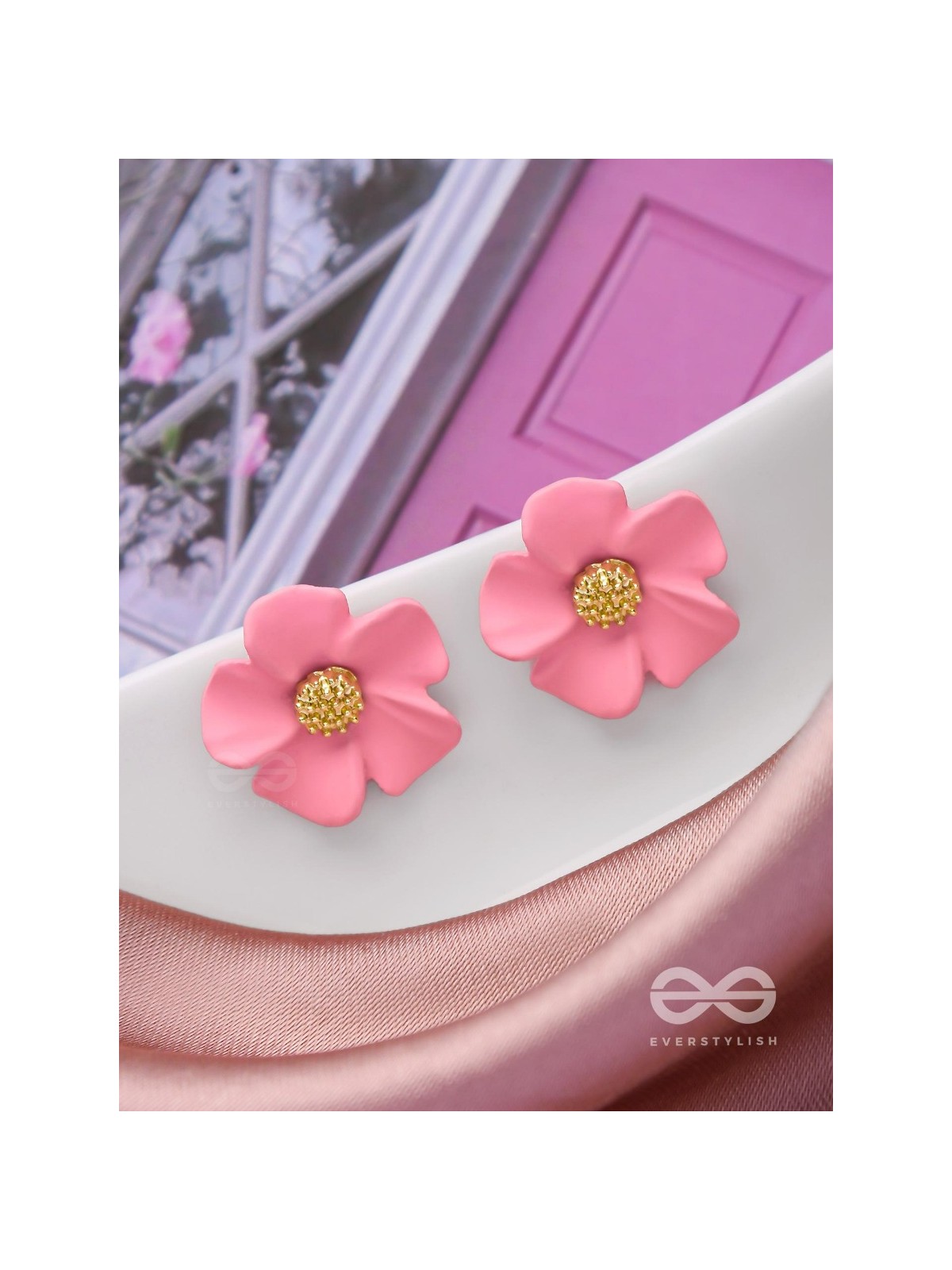 THE BLOSSOM BALLAD - GOLDEN AND PINK ACRYLIC STUD EARRINGS