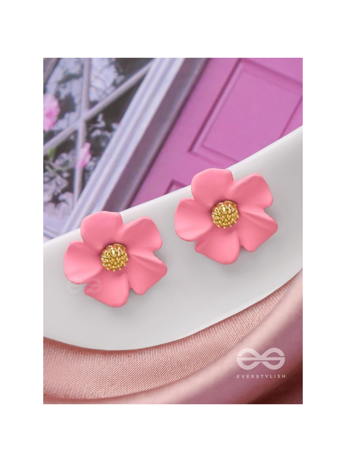 THE BLOSSOM BALLAD - GOLDEN AND PINK ACRYLIC STUD EARRINGS