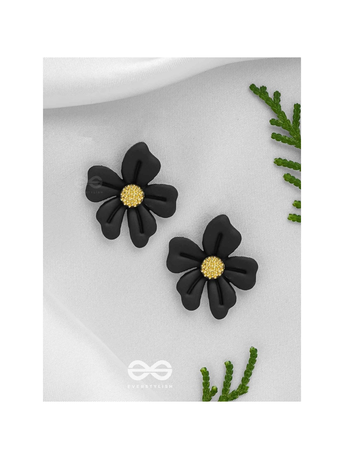 THE FLORAL FLING - GOLDEN AND BLACK ACRYLIC STUD EARRINGS