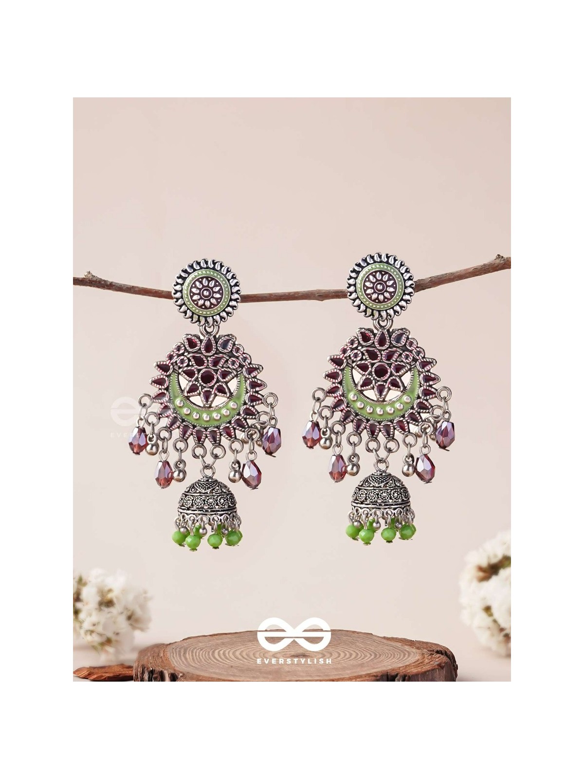 The Ruby Meadows - Statement Enamelled And Oxidised Jhumka Earrings