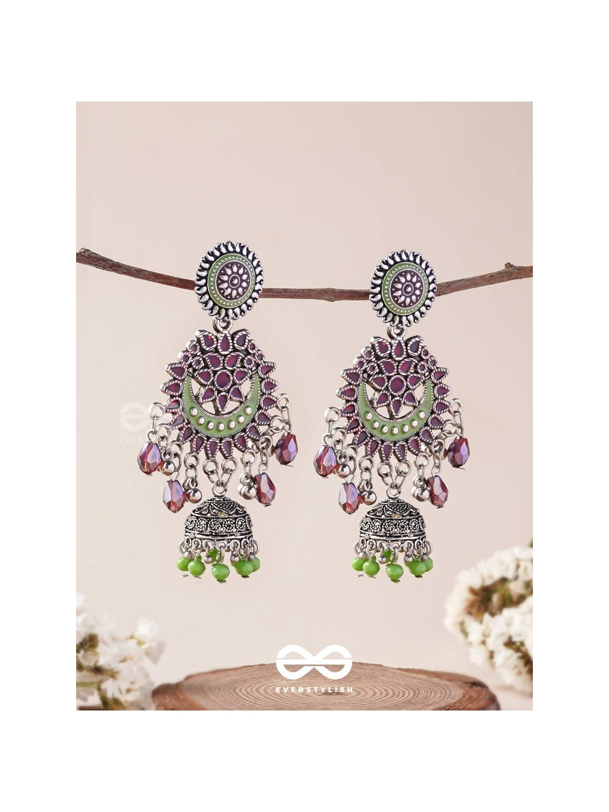 The Ruby Meadows - Statement Enamelled And Oxidised Jhumka Earrings