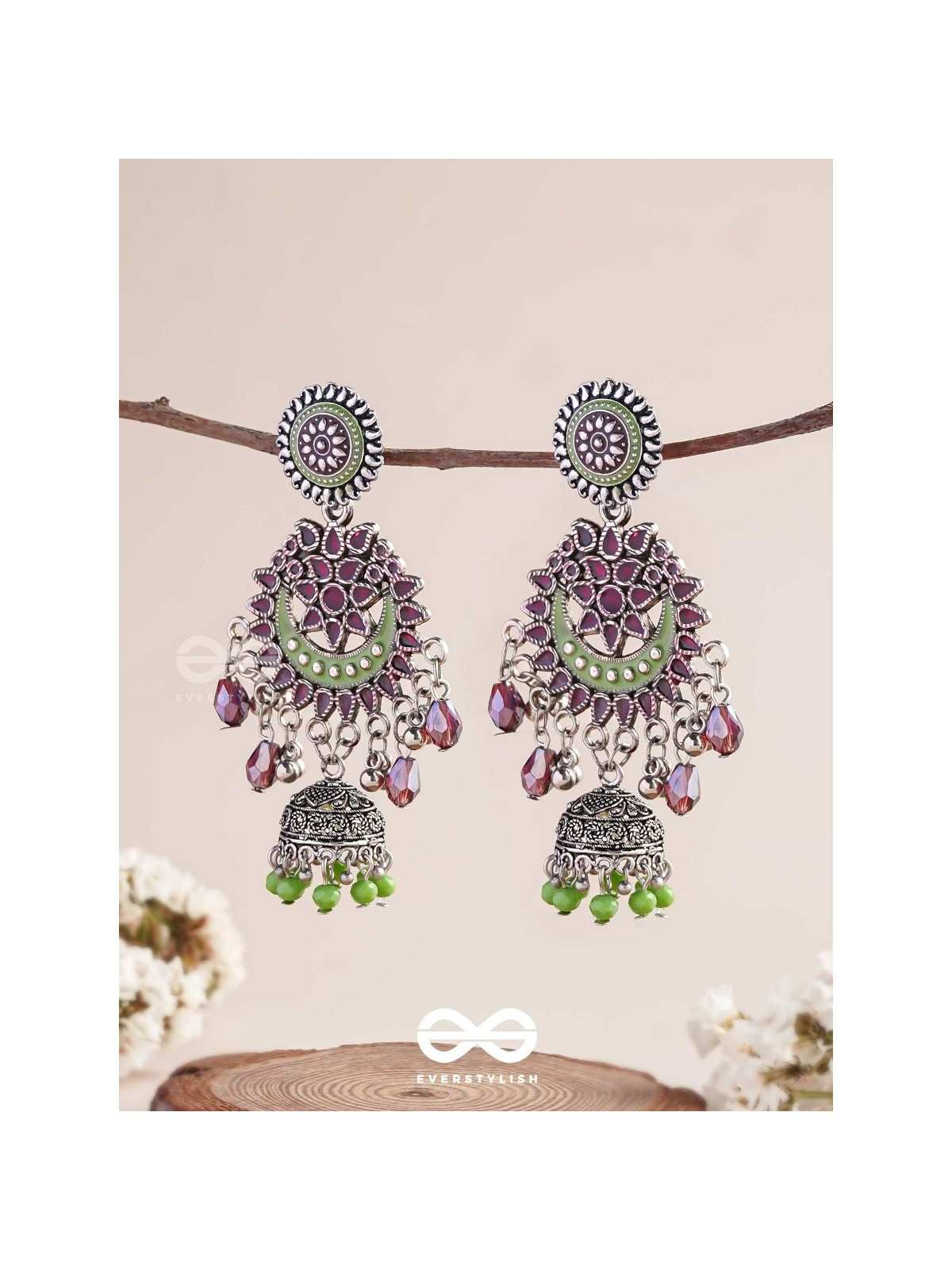 The Ruby Meadows - Statement Enamelled And Oxidised Jhumka Earrings