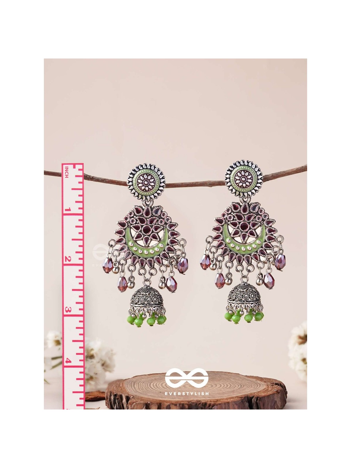 The Ruby Meadows - Statement Enamelled And Oxidised Jhumka Earrings