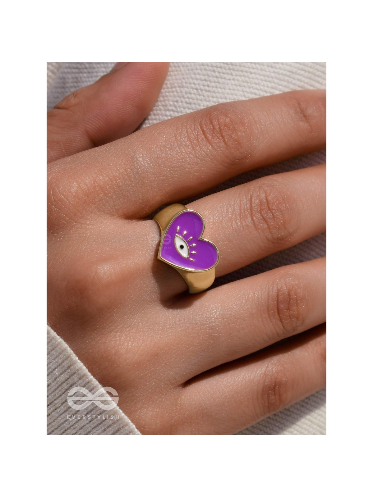 Eye Heart You - Purple Enamelled Golden Ring (Adjustable)