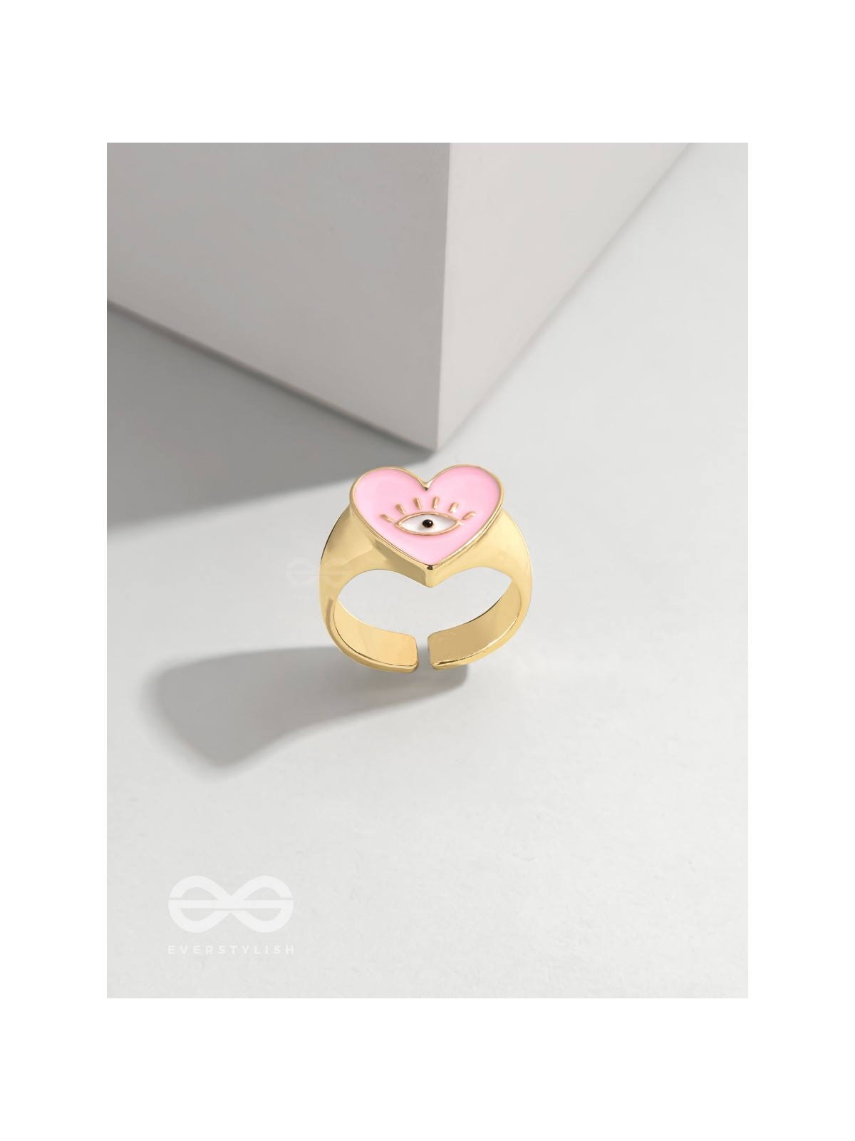 Eye Heart You - Pink Enamelled Golden Ring (Adjustable)