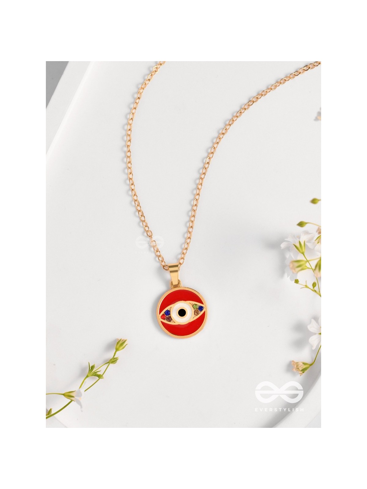Guardian Eye Stone - Golden Embellished Pendant With Anti-Tarnish Coating (Red)