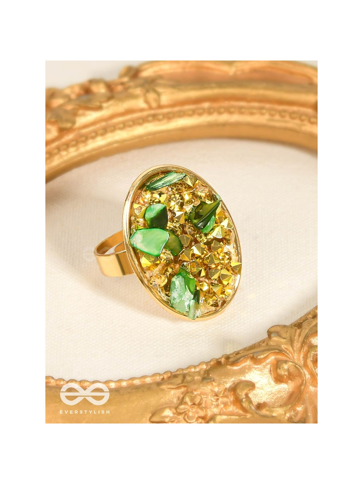 Sparkles & Stones  - Golden Embellished Ring (Green) (Adjustable)