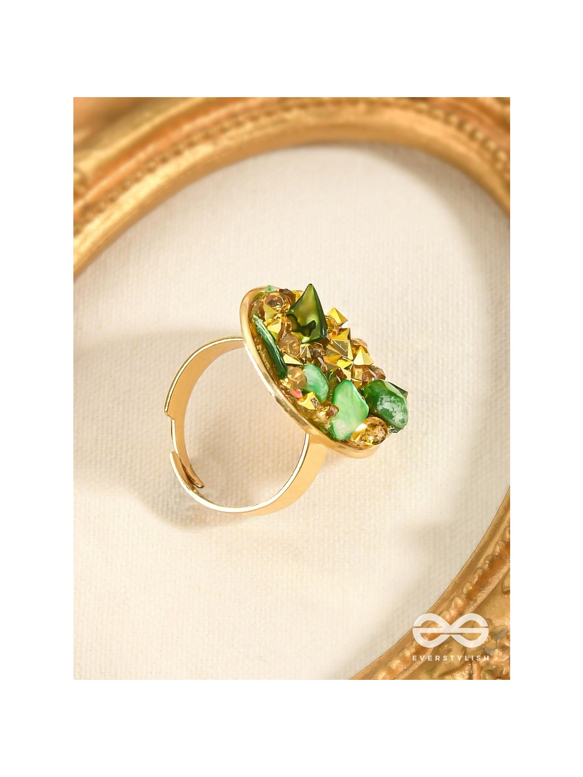 Sparkles & Stones  - Golden Embellished Ring (Green) (Adjustable)