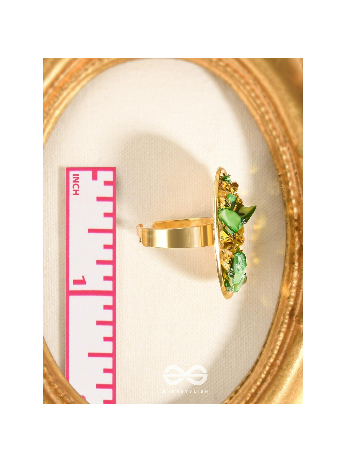 Sparkles & Stones  - Golden Embellished Ring (Green) (Adjustable)