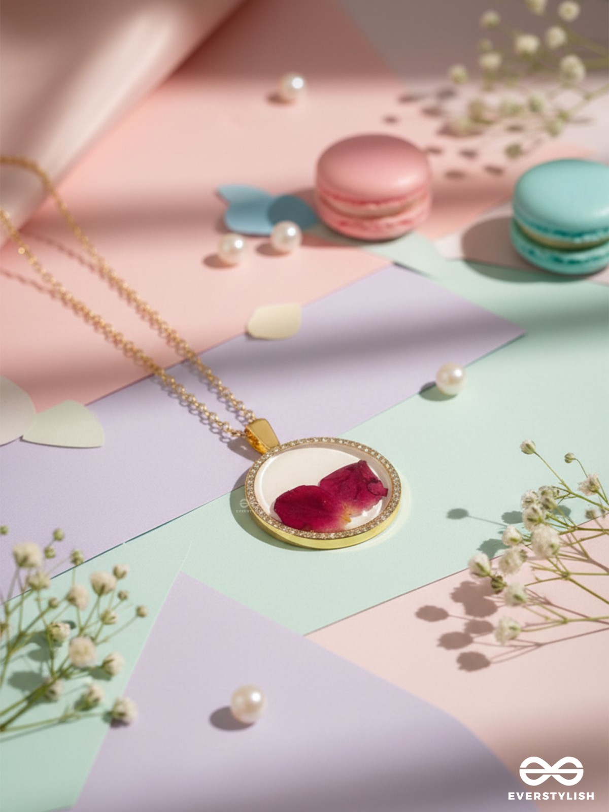 Bloom And Blush - Pressed Flowe Resin Pendant With Anti-Tarnish Coating 