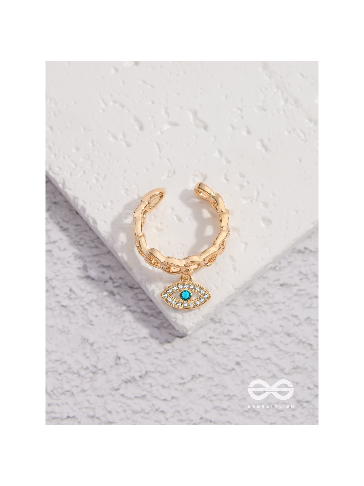 Eye Of Glamour - Golden Embellished Charm Ring (Adjustable)