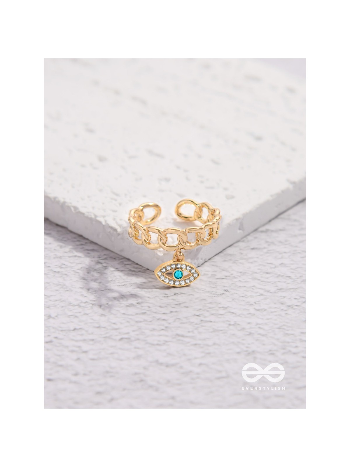 Eye Of Glamour - Golden Embellished Charm Ring (Adjustable)