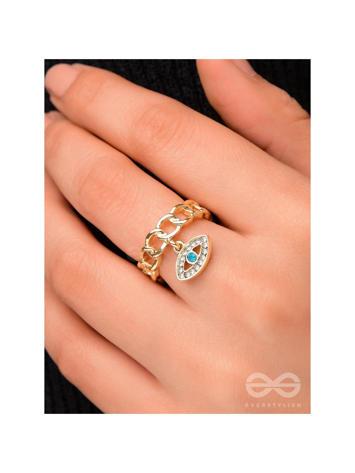 Eye Of Glamour - Golden Embellished Charm Ring (Adjustable)