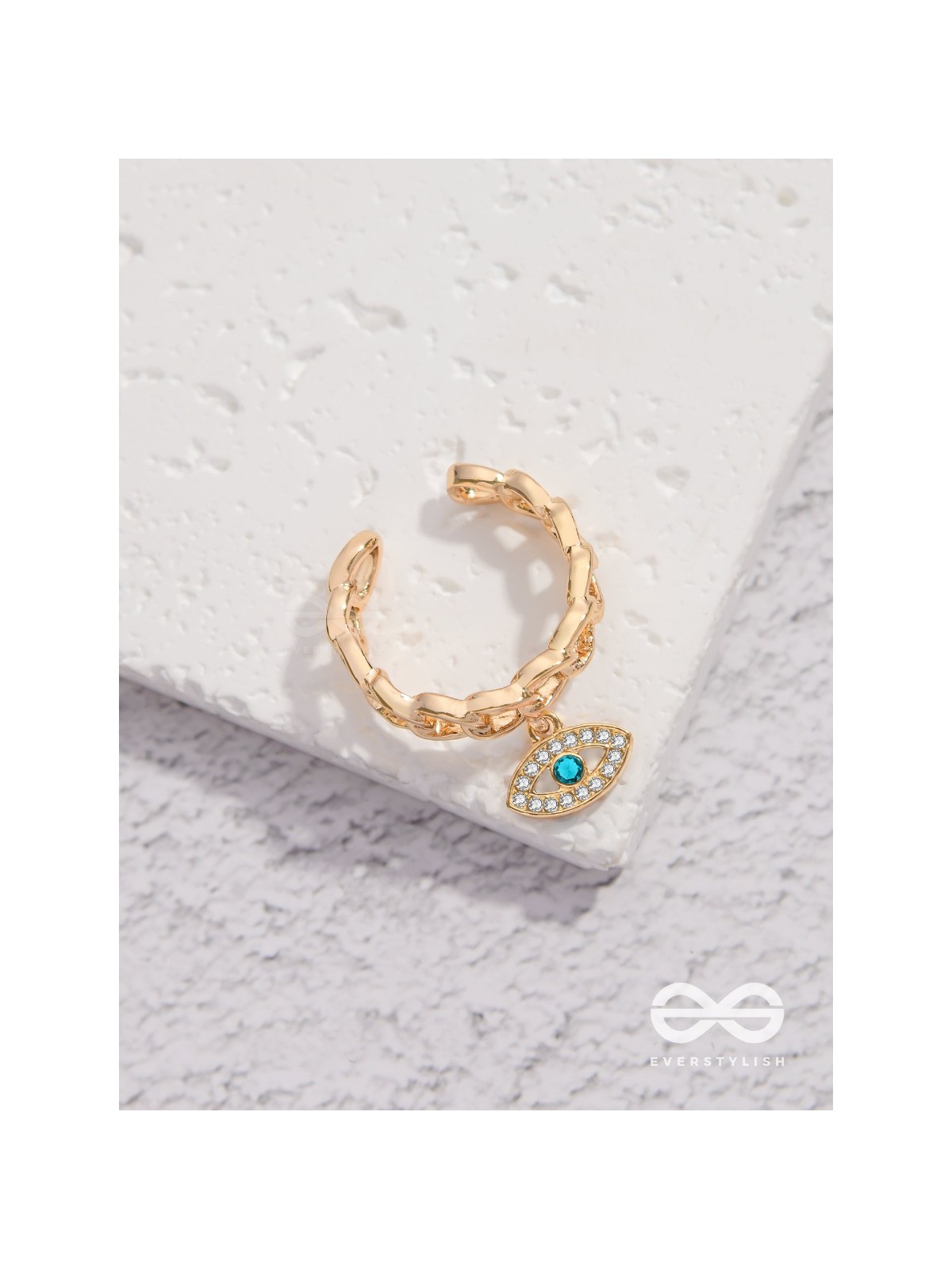 Eye Of Glamour - Golden Embellished Charm Ring (Adjustable)