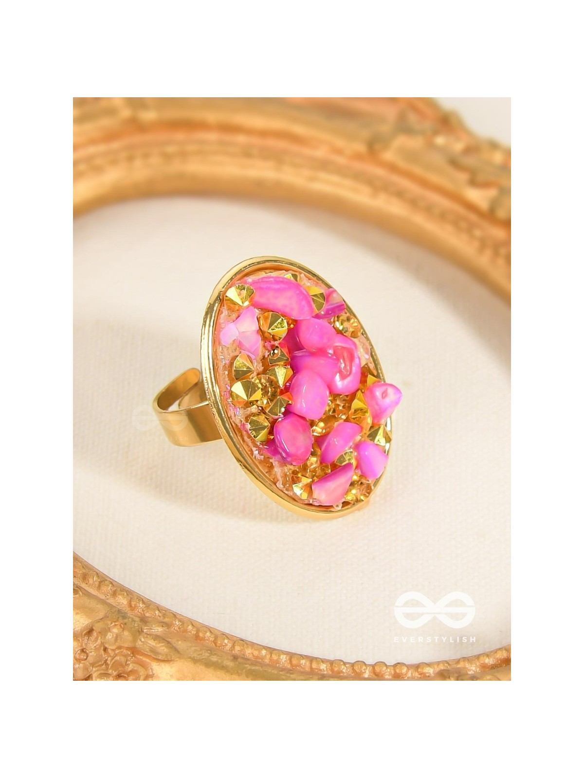 Sparkles & Stones  - Golden Embellished Ring (Pink) (Adjustable)