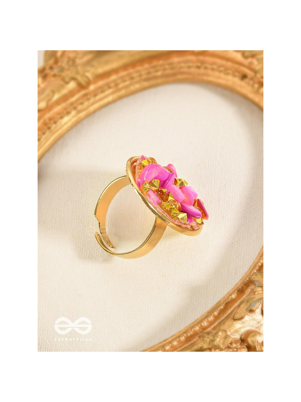 Sparkles & Stones  - Golden Embellished Ring (Pink) (Adjustable)