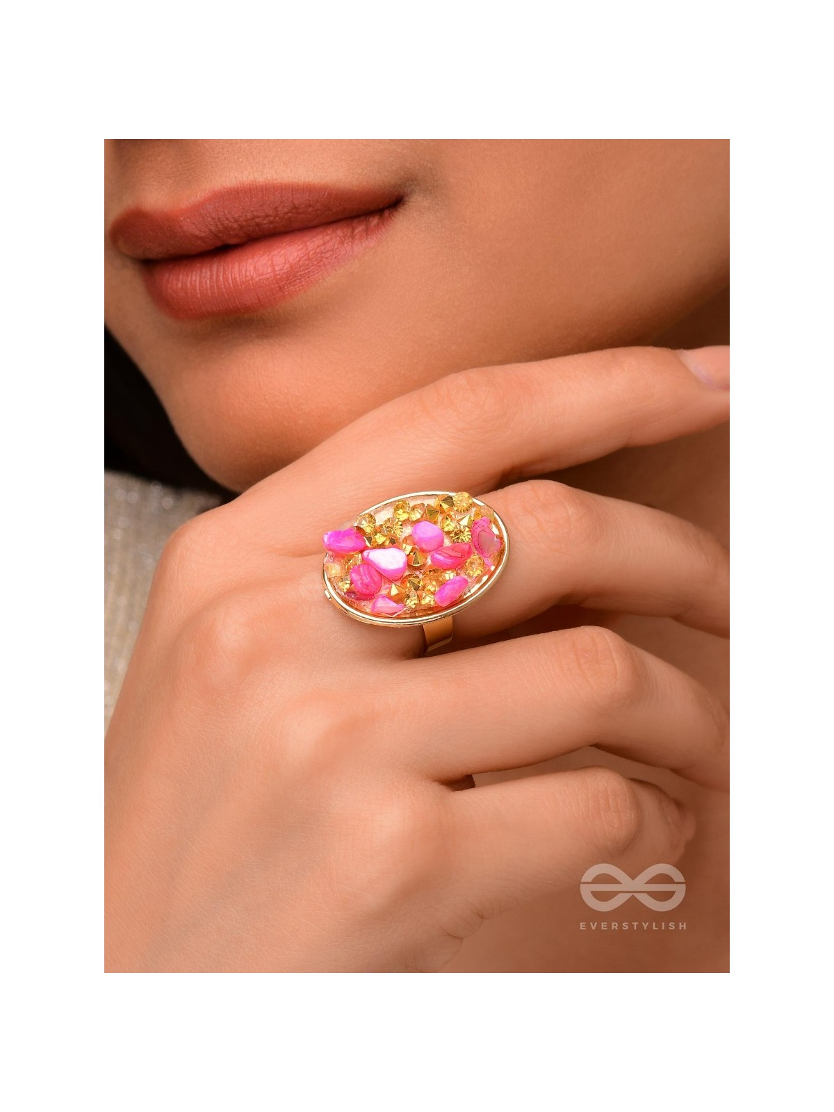 Sparkles & Stones  - Golden Embellished Ring (Pink) (Adjustable)