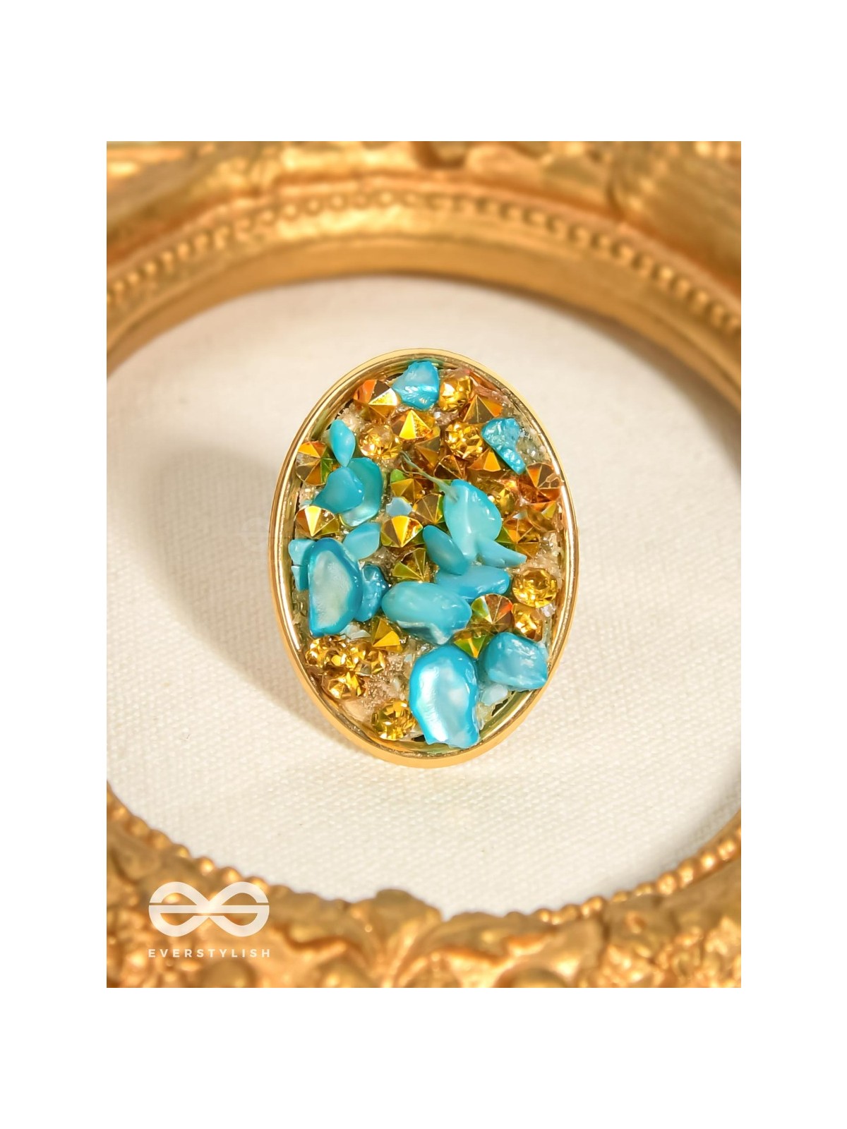 Sparkles & Stones  - Golden Embellished Ring (Blue) (Adjustable)