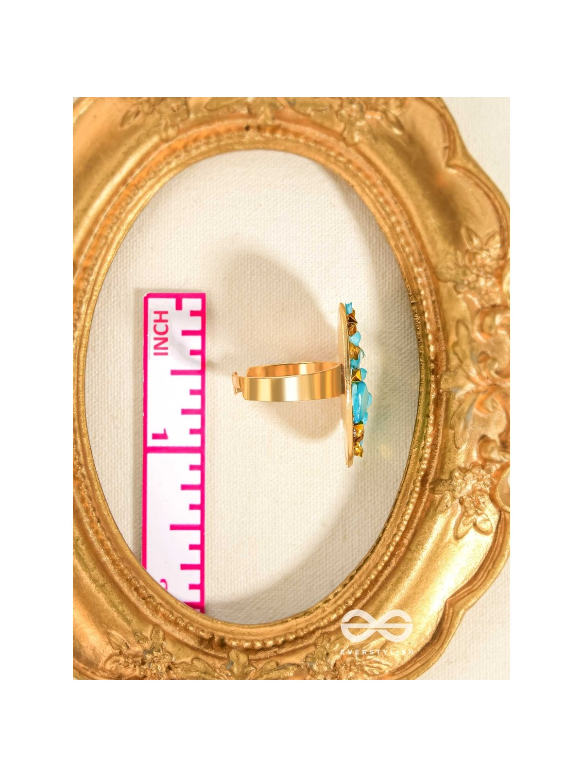 Sparkles & Stones  - Golden Embellished Ring (Blue) (Adjustable)