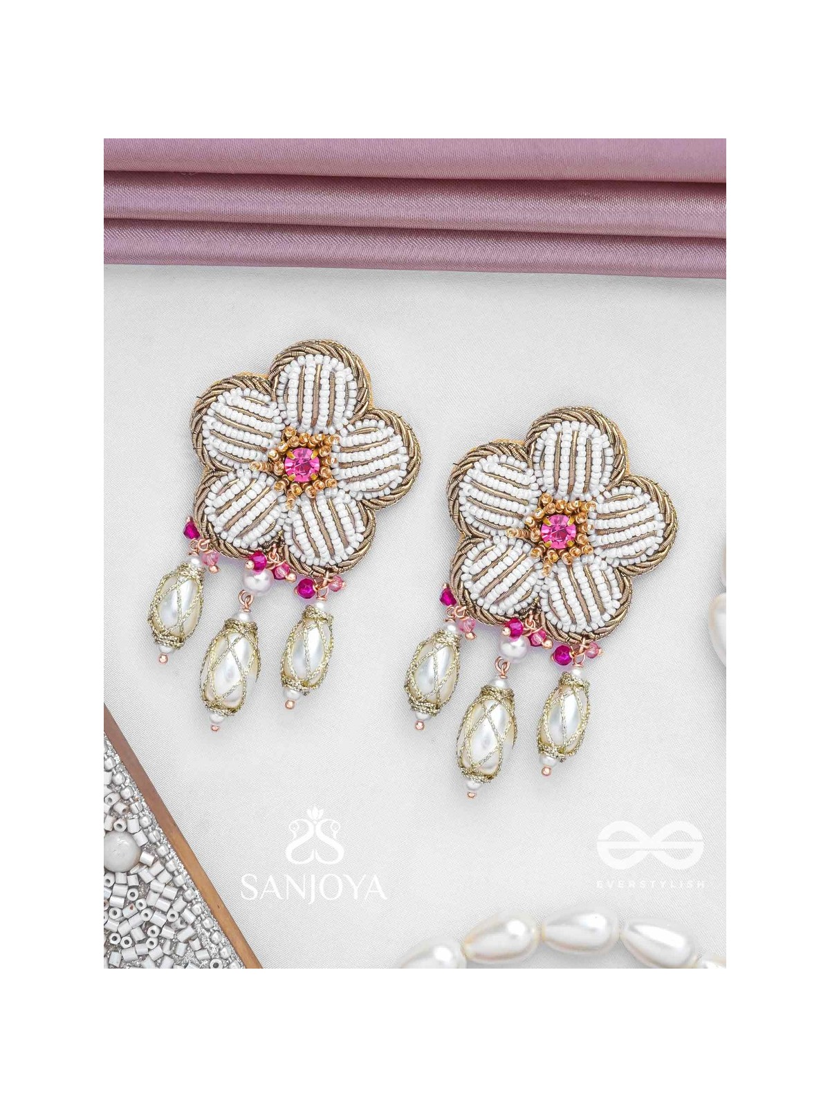 ABHRAPUSPA - THE CLOUDY FLOWER- STONES, BEADS AND PEARL DROPS HAND EMBROIDERED EARRINGS