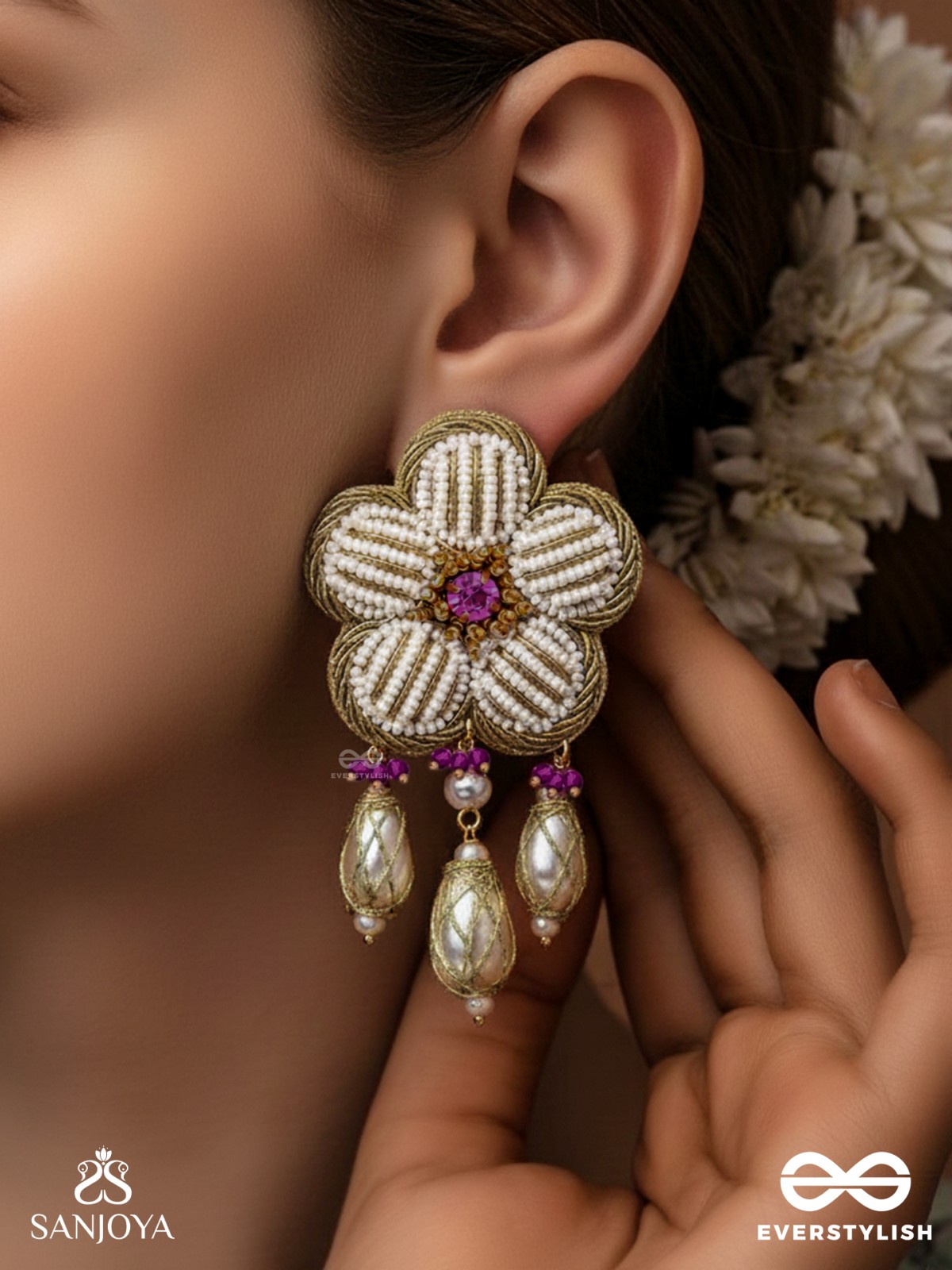 ABHRAPUSPA - THE CLOUDY FLOWER- STONES, BEADS AND PEARL DROPS HAND EMBROIDERED EARRINGS