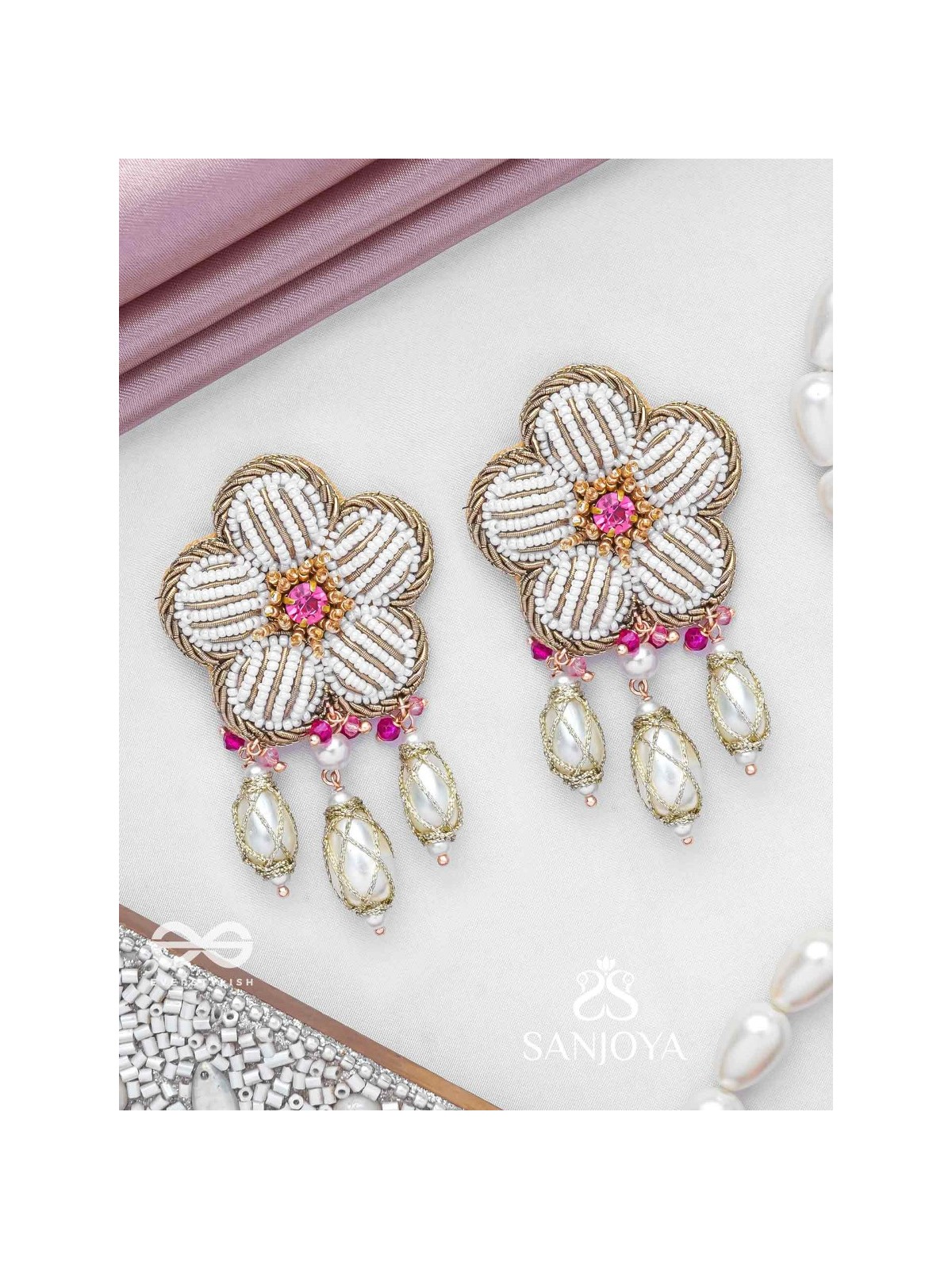 ABHRAPUSPA - THE CLOUDY FLOWER- STONES, BEADS AND PEARL DROPS HAND EMBROIDERED EARRINGS