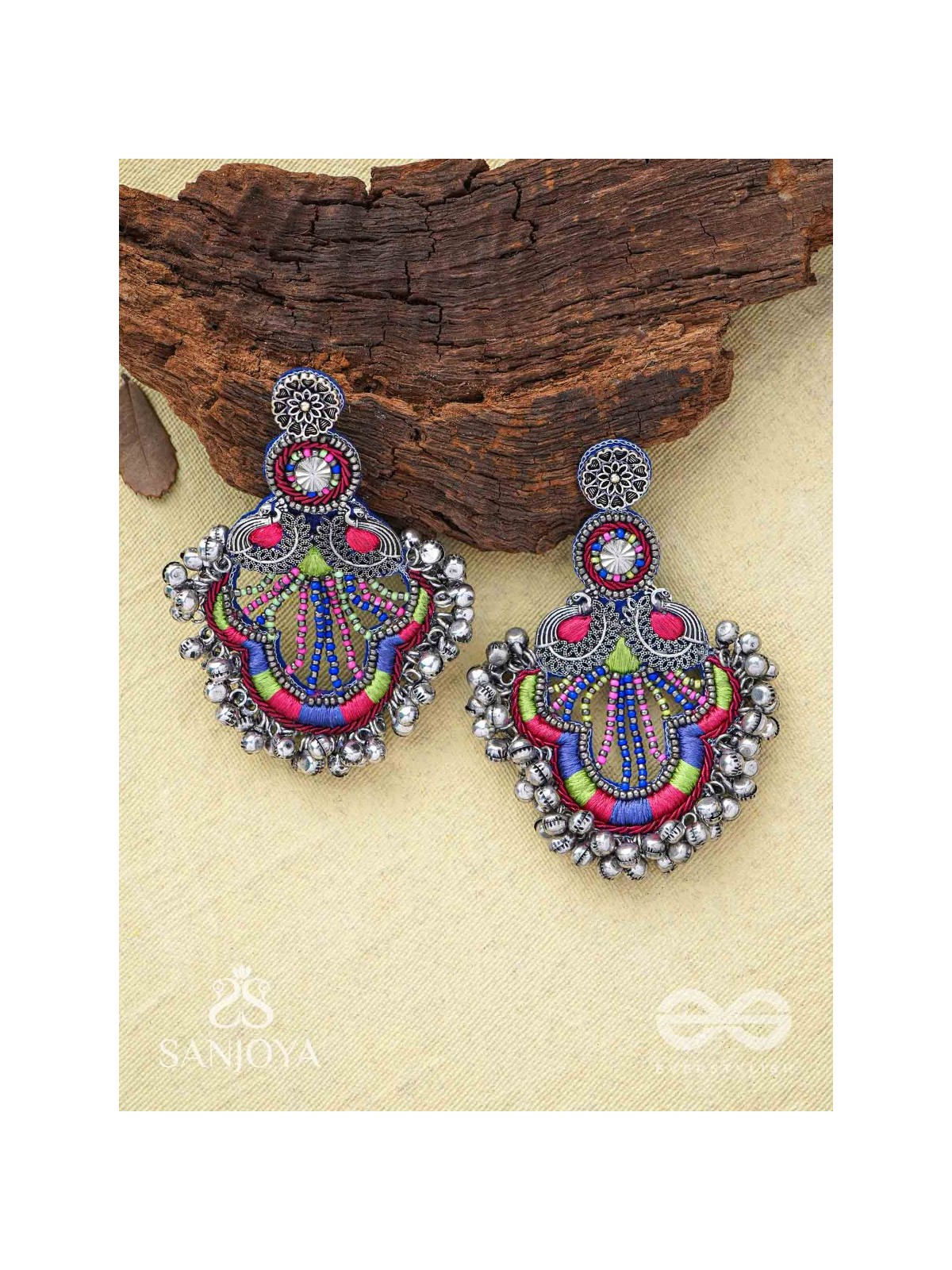 Abherī - The Melodic Dance - Resham And Beads Hand Embroidered Oxidised Earrings